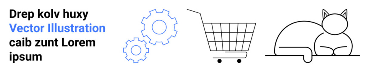 Minimalist line art with two blue gears, shopping cart, and cat. Ideal for e-commerce, technology, pets, simplicity, vector art, minimalism, and web design. Banner for landing page