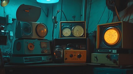 Vintage space communication equipment in a dimly lit room, symbolizing the intersection of old technology and new frontiers, where the past meets the future in a quest for knowledge and exploration.