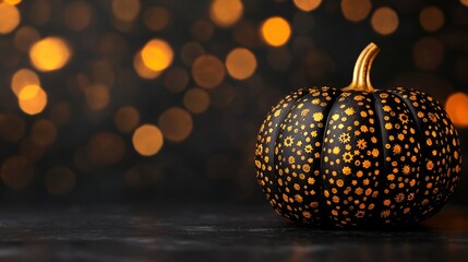 A black pumpkin with gold polka dots sits on a table in front of a dark background with golden bokeh lights.