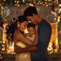 A Black family of three, a mother, father, and child, stand close together in a warm embrace, smiling and looking at each other with love. They are standing in front of a fireplace,