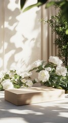 Minimal wood stage for show product on cement floor, in front of white peonies and green plants. The sunlight shines through the window, generative ai
