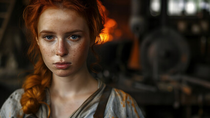 Fototapeta premium Redhead Woman Close Up Portrait Freckles Braided Hair