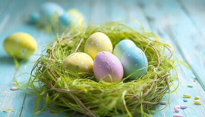 Obraz premium a nest with easter eggs in pastel colors