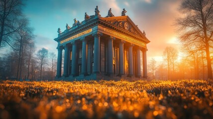 Obraz premium A classical structure surrounded by nature at sunset.