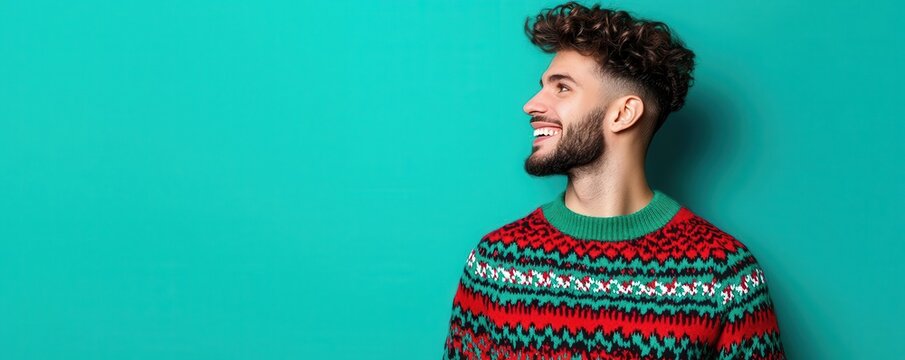 A smiling man in a colorful Christmas sweater poses against a bright turquoise background, radiating festive cheer. - Powered by Adobe