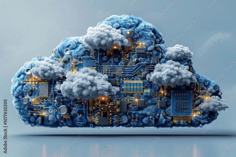 Poster cloud computing circuit board icon vector illustration in blue color scheme