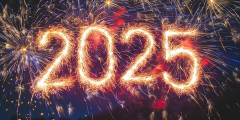 The new year 2025 written in sparkler fireworks, new year header or web banner