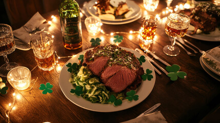 Warm, festive St. Patrick's Day dinner table with traditional Irish food, whiskey, shamrock decorations, and cozy string lights for celebration.
