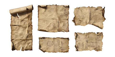 Old paper scraps isolated on transparent background, for text , ai