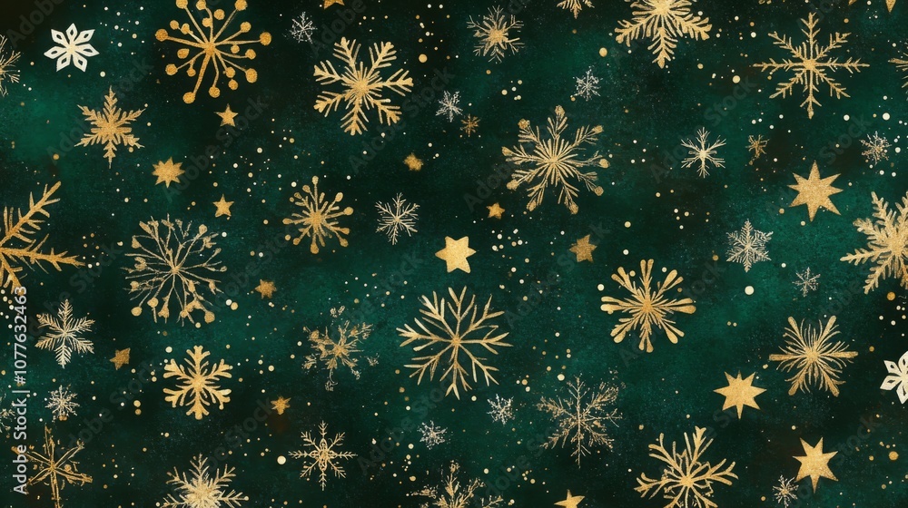 Aufkleber a green background with numerous golden snowflakes and white stars scattered across. the snowflakes 
