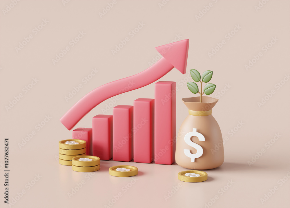 Poster 3d rendered illustration of financial growth icon. it uses a pink bar graph with an arrow pointing u