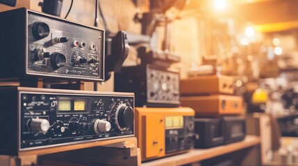 Vintage space communication equipment in a dimly lit room, symbolizing the intersection of old technology and new frontiers, where the past meets the future in a quest for knowledge and exploration.