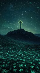 A glowing Celtic cross stands proudly on a hilltop under a starlit sky, surrounded by softly illuminated shamrocks, creating a mystical and serene ambiance.