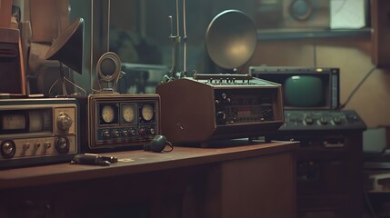 Vintage space communication equipment in a dimly lit room, symbolizing the intersection of old technology and new frontiers, where the past meets the future in a quest for knowledge and exploration.