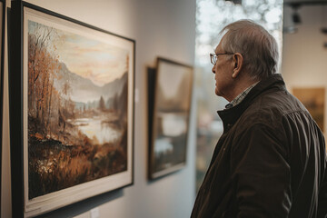 an art collector gazing at a landscape painting with admiration.