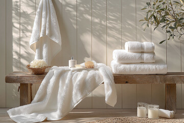 fluffy white towels and luxurious robes folded on a wooden bench.
