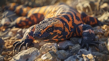 A striking orange and black reptile slithers across the rocky terrain, its vibrant colors contrasting against the rough, uneven stones. It moves with agility, navigating the rocky landscape effortless