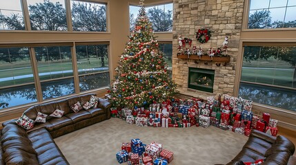 A Christmas Tree in a Living Room with Presents and Couches