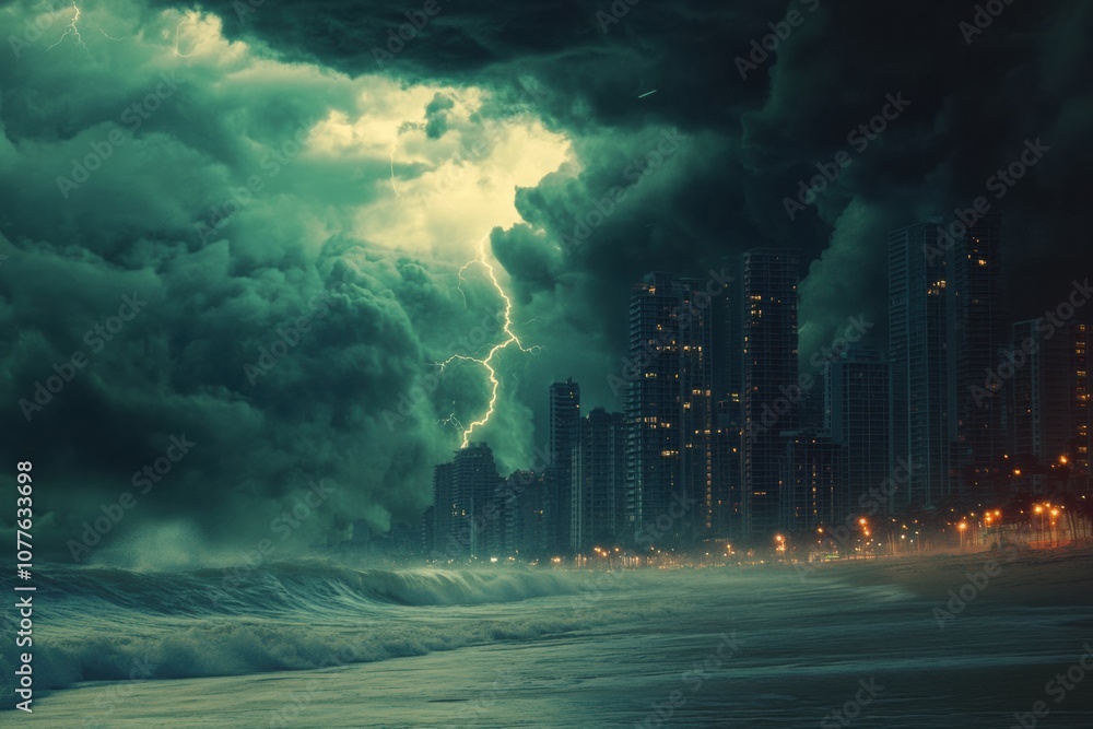 Aufkleber dark clouds fill the sky over the coastal city, accompanied by flashes of lightning and turbulent wa