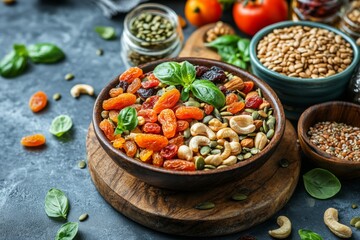 Colorful Nut and Dried Fruit Mix in Wooden Bowl