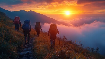 Obraz premium Hikers trekking towards a vibrant sunset above the clouds.