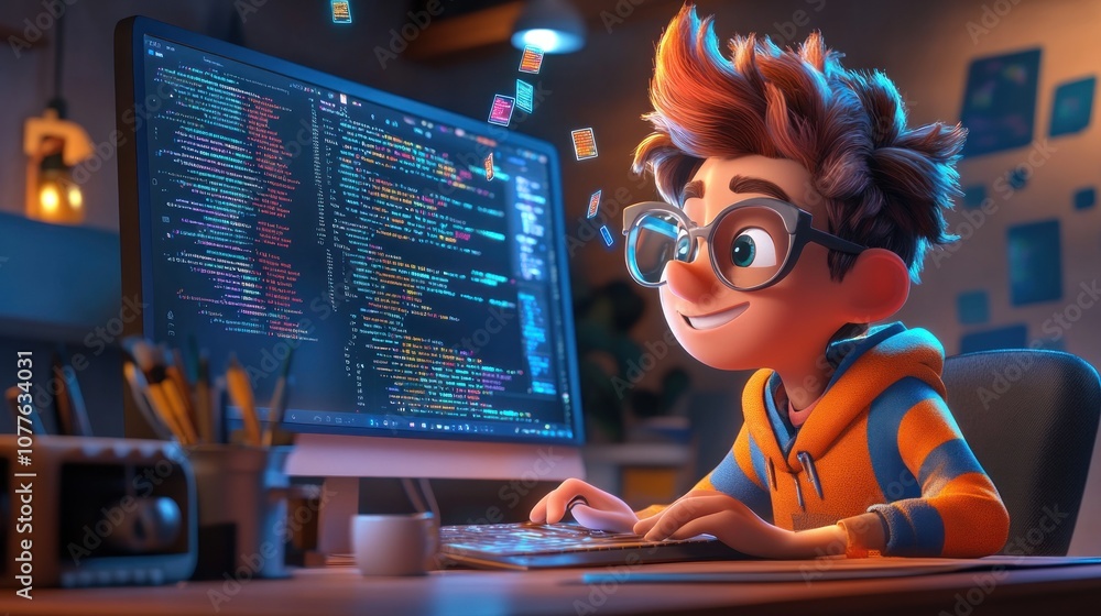 Poster a cartoon boy programmer smiles as he works on his computer in a dimly lit room.