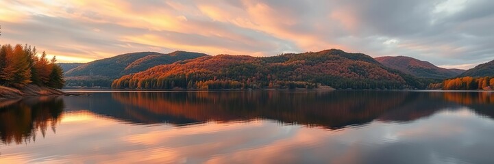 Fototapeta premium Vibrant autumn colors reflected in calm waters of Hintersee lake at sunset, scenic, sunset, water