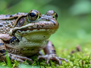 Fototapeta premium Close-Up Portrait of a Green Frog in its Natural Habitat
