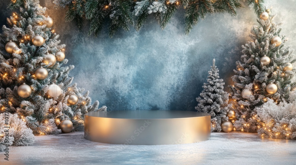 Poster a beautifully decorated winter setting features frosted evergreen trees adorned with sparkling ornam