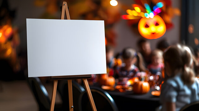 A white board is propped up in front of a group of children