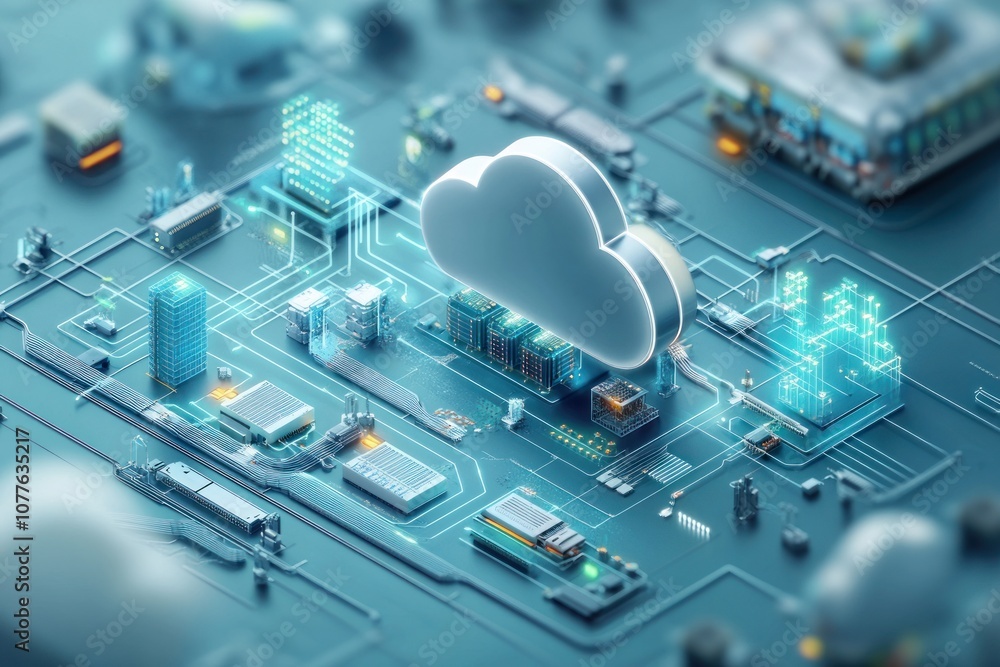 Poster a 3d rendering of a cloud computing network, with various servers, data centers, and connections.