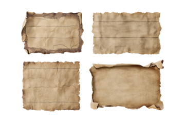 Old vintage paper sheets set with torn edges. Different texture of antique paper or parchment isolated on transparent background, for text , ai