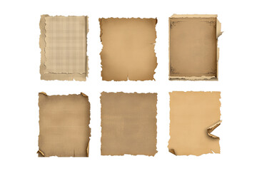 Old vintage paper sheets set with torn edges. Different texture of antique paper or parchment isolated on transparent background, for text , ai