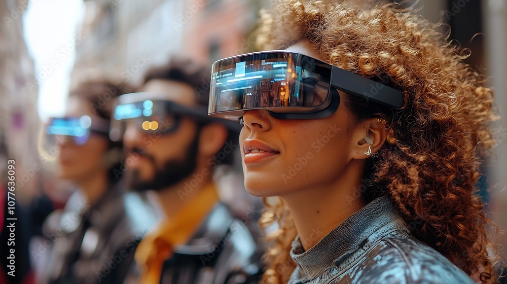 Poster a group of people using augmented reality glasses to interact with digital information overlays in a