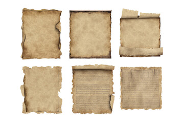Old vintage paper sheets set with torn edges. Different texture of antique paper or parchment isolated on transparent background, for text , ai