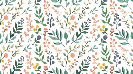 Hand-Drawn Botanical Pattern with Delicate Leaves and Flowers