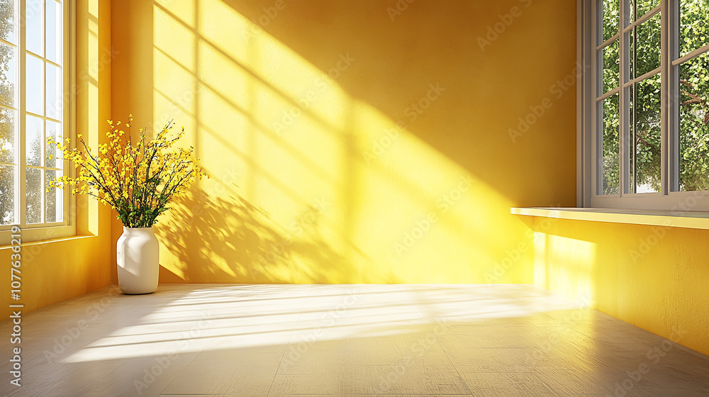 Poster 3d realistic white and yellow scenes on a floor table background with a shadow of palm leaves from w