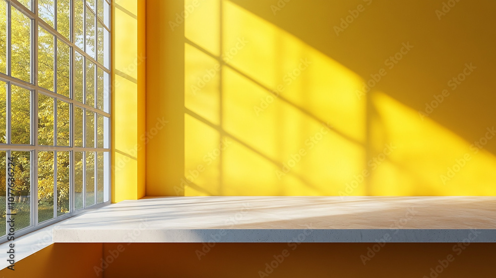Poster 3d realistic white and yellow scenes on a floor table background with a shadow of palm leaves from w