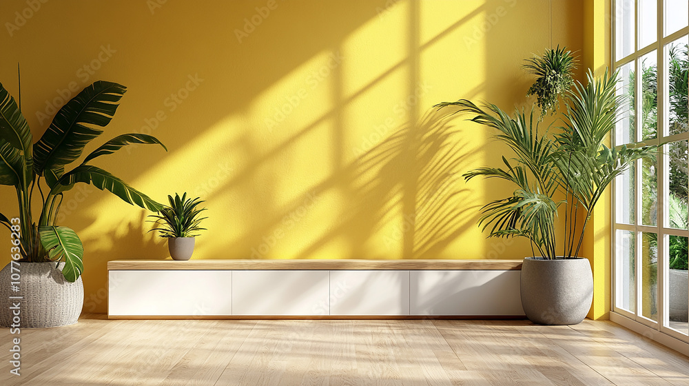 Poster 3d realistic white and yellow scenes on a floor table background with a shadow of palm leaves from w