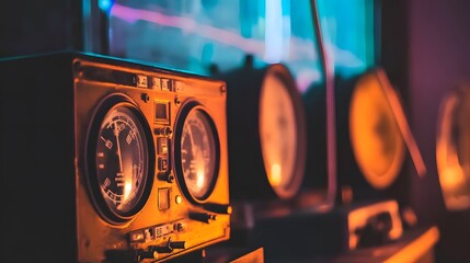 Vintage space communication equipment in a dimly lit room, symbolizing the intersection of old technology and new frontiers, where the past meets the future in a quest for knowledge and exploration.