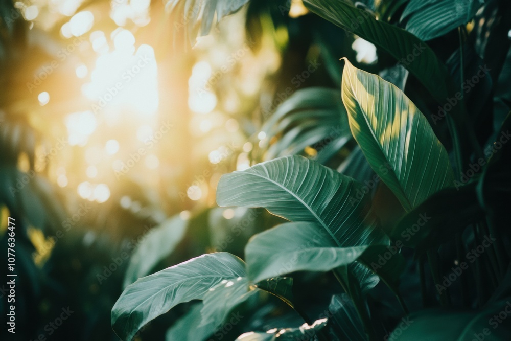 Poster Sunlight streams through the dense foliage of a tropical forest, illuminating the rich greenery and creating a peaceful atmosphere. Generative AI