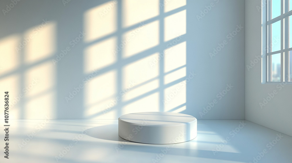 Aufkleber 3d studio room with a podium on a white background. empty floor and wall with shadow overlay from wi