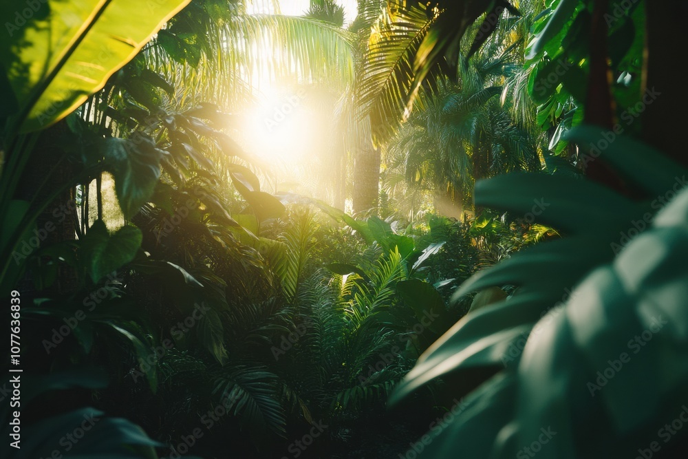 Poster sunlight streams through dense greenery in a tropical forest, creating a warm and inviting atmospher
