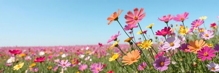 Vibrant cosmos flowers in full bloom spread across a vast field under a clear blue sky, summer, cosmos flowers