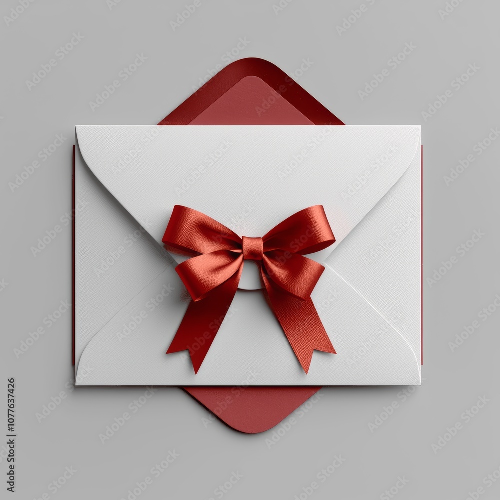 Poster blank gift card with red ribbon bow in open red envelope on grey background 3d rendering