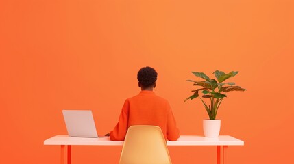 Fototapeta premium Minimalistic office with orange decor, person in orange shirt at desk, vibrant workspace, modern design, productivity setting, simplicity in business, green plant, copy space