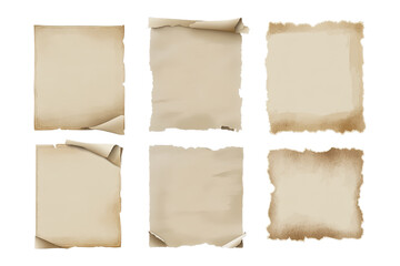 Fototapeta premium Old vintage paper sheets set with torn edges. Different texture of antique paper or parchment isolated on transparent background, for text , ai