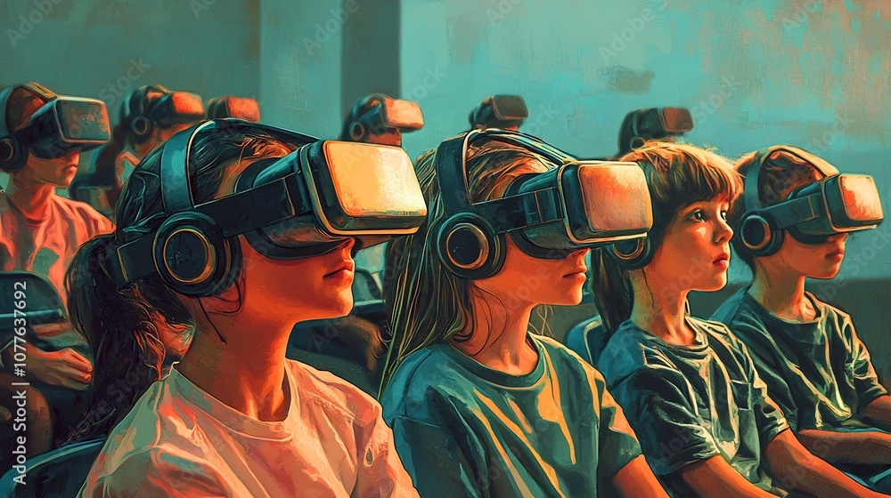 Poster depiction of a classroom of the future where students are learning through innovative and immersive 