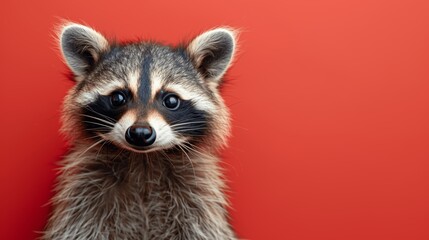 Obraz premium Cute raccoon peeking from behind a solid red background