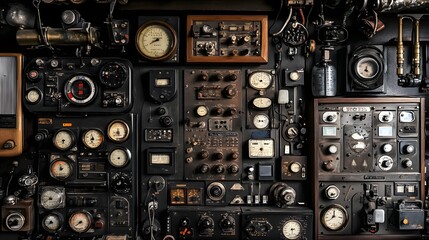 Vintage space communication equipment in a dimly lit room, symbolizing the intersection of old technology and new frontiers, where the past meets the future in a quest for knowledge and exploration.